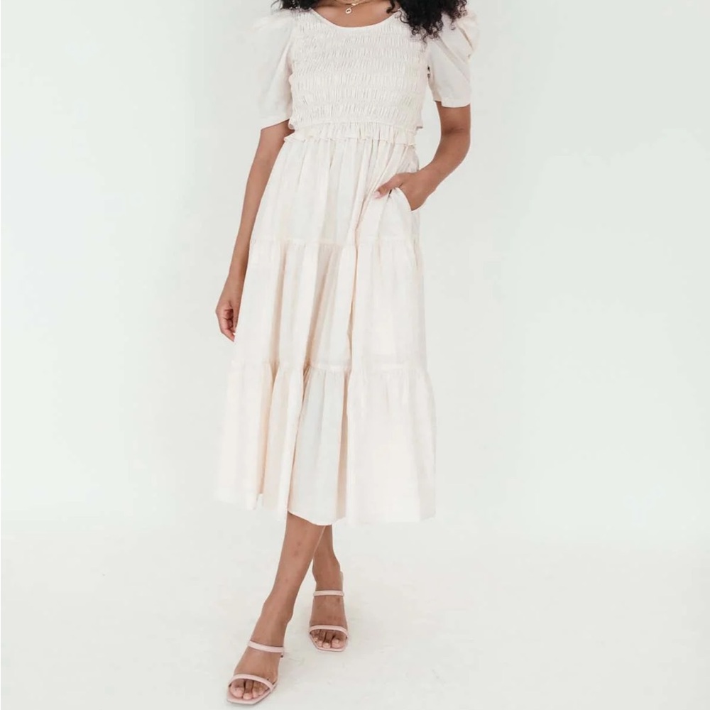 The Post Bethany Tiered Maxi Dress Size S Cotton Smocked Tie Back Open Back NWOT